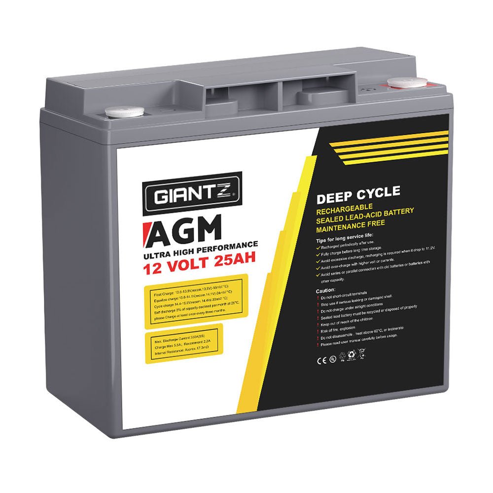 Giantz AGM Deep Cycle Battery 12V 25Ah Box Portable Solar Caravan Camping - Outdoorium