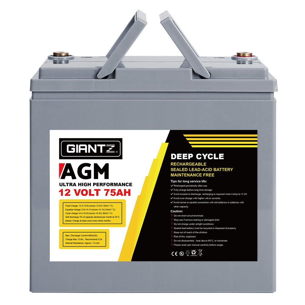 Giantz AGM Deep Cycle Battery 12V 75Ah Box Portable Solar Caravan Camping - Outdoorium