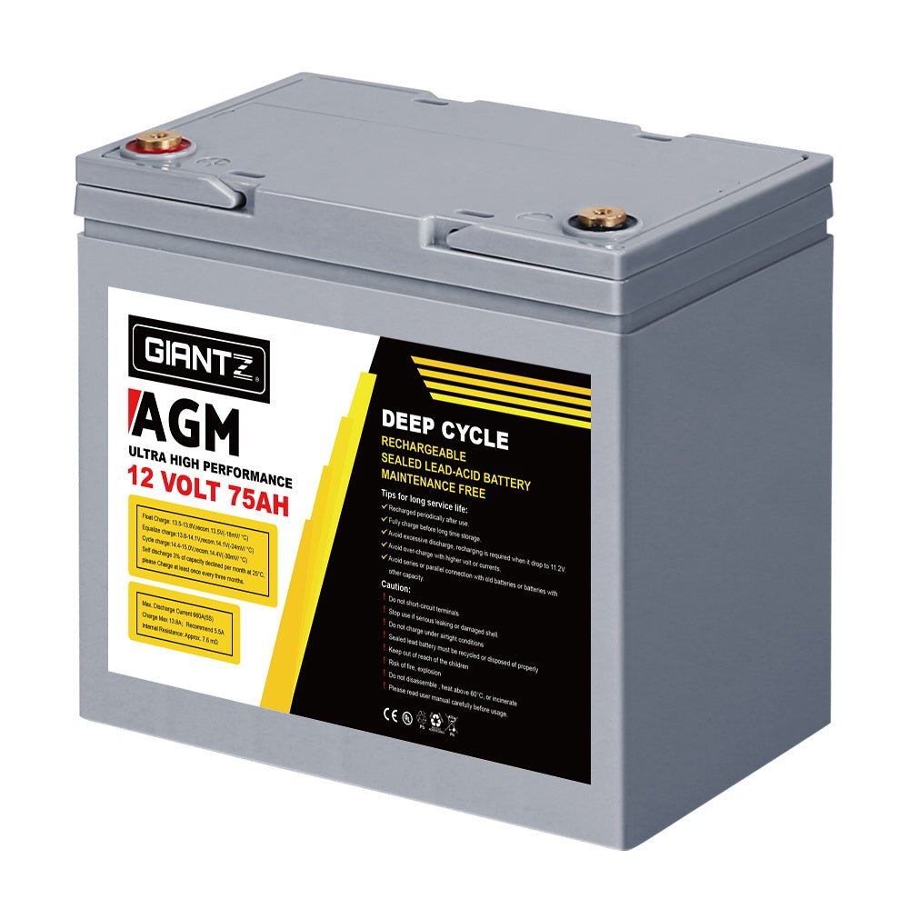 Giantz AGM Deep Cycle Battery 12V 75Ah Box Portable Solar Caravan Camping - Outdoorium