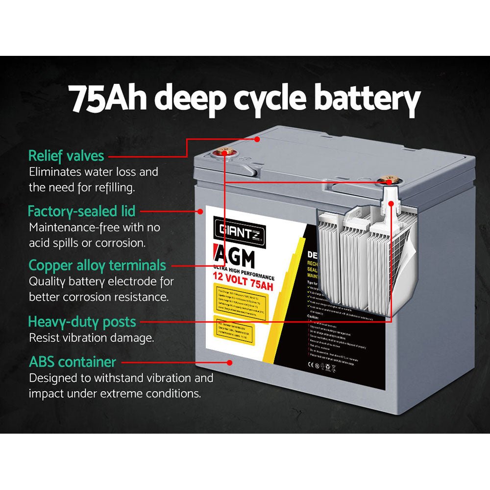 Giantz AGM Deep Cycle Battery 12V 75Ah x2 Box Portable Solar Caravan Camping - Outdoorium