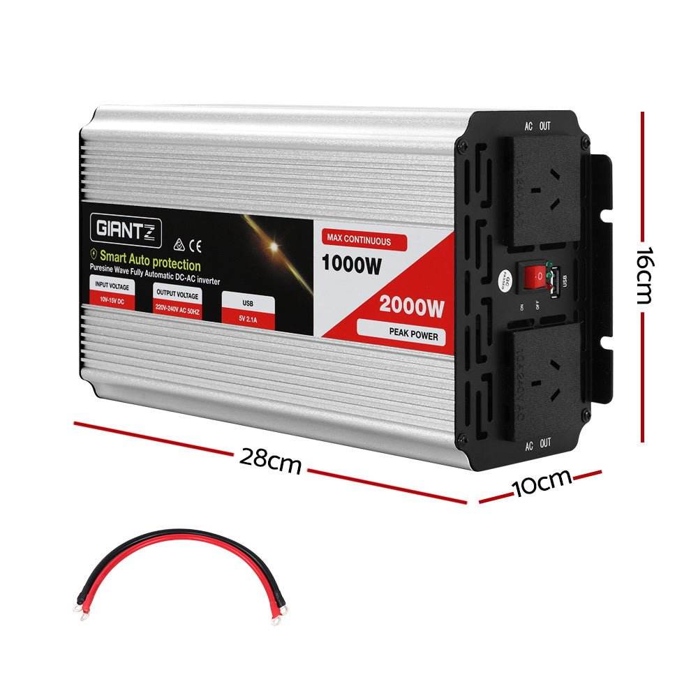 Giantz Power Inverter 1000W or 2000W Pure Sine Wave 12V-240V Camping Boat Caravan - Outdoorium
