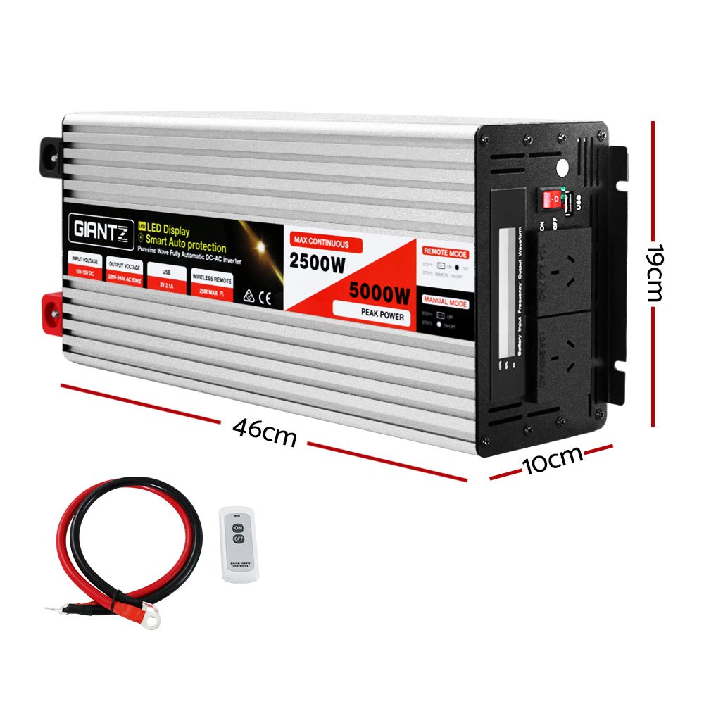 Giantz Power Inverter 12V to 240V 2500W/5000W Pure Sine Wave Camping Car Boat - Outdoorium