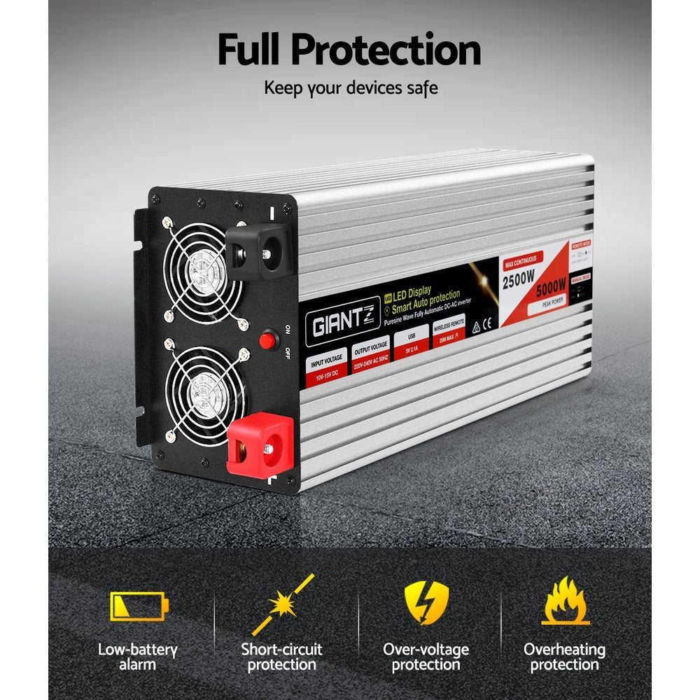 Giantz Power Inverter 12V to 240V 2500W/5000W Pure Sine Wave Camping Car Boat - Outdoorium