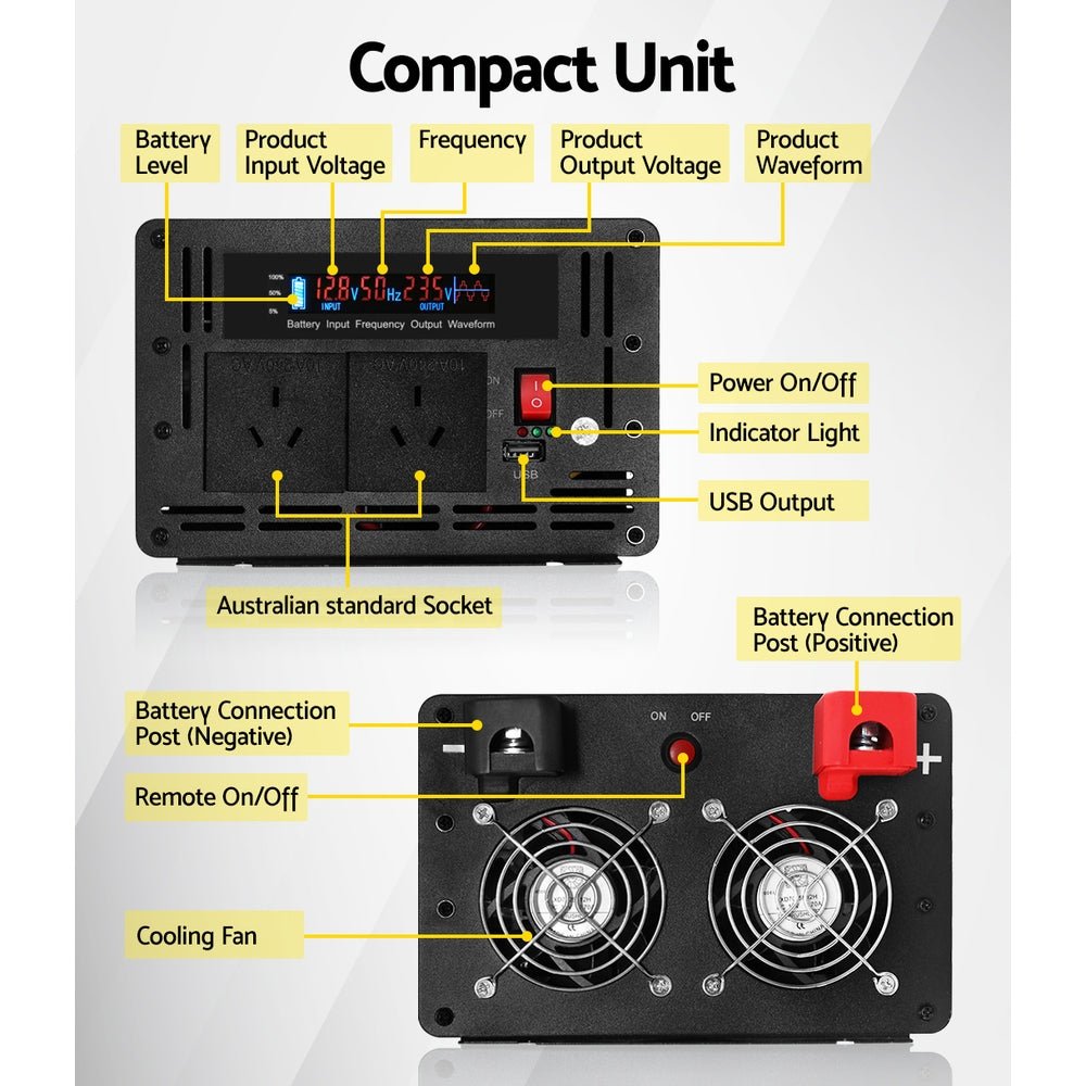 Giantz Power Inverter 12V to 240V 2500W/5000W Pure Sine Wave Camping Car Boat - Outdoorium