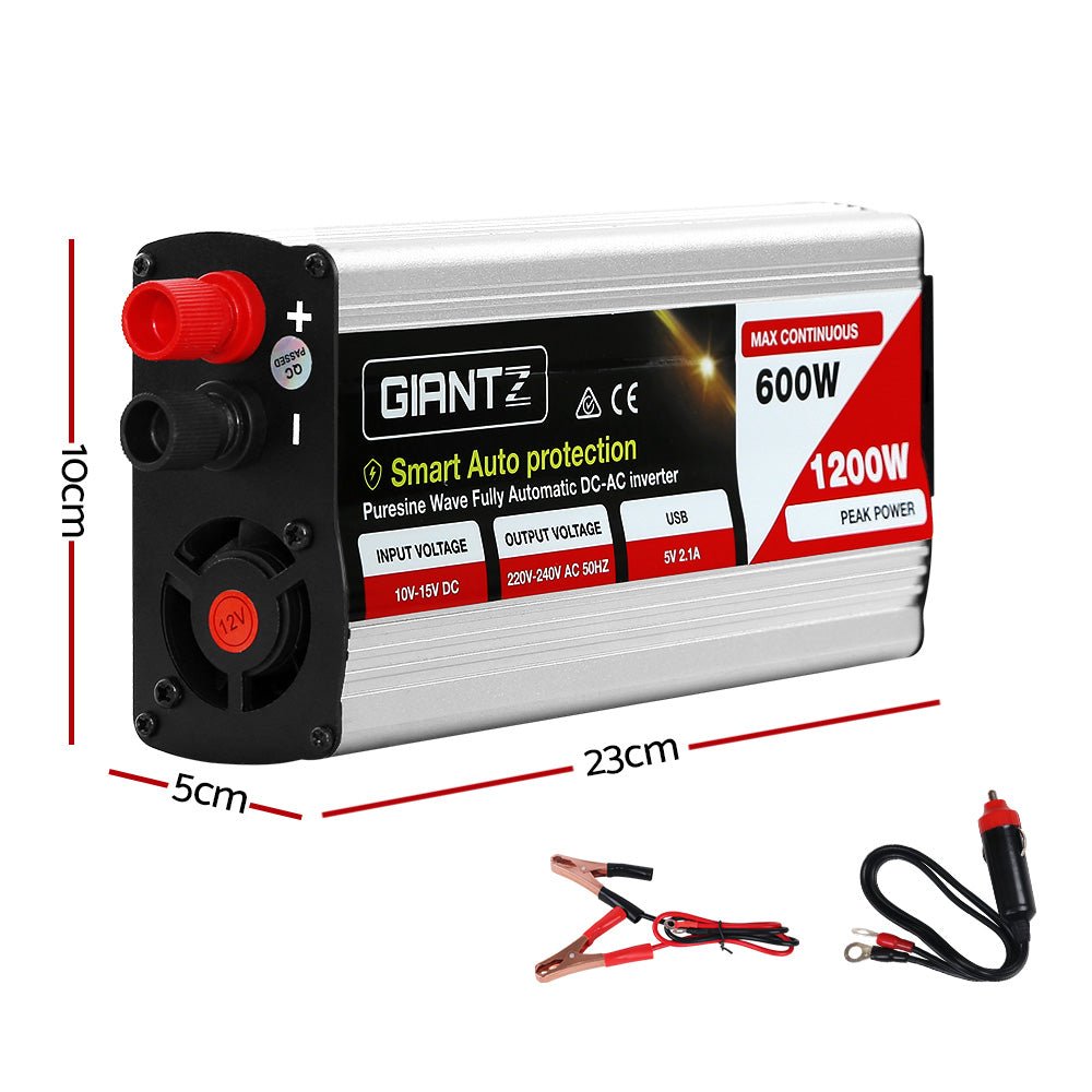 Giantz Power Inverter 600W/1200W 12V to 240V Pure Sine Wave Camping Car Boat - Outdoorium