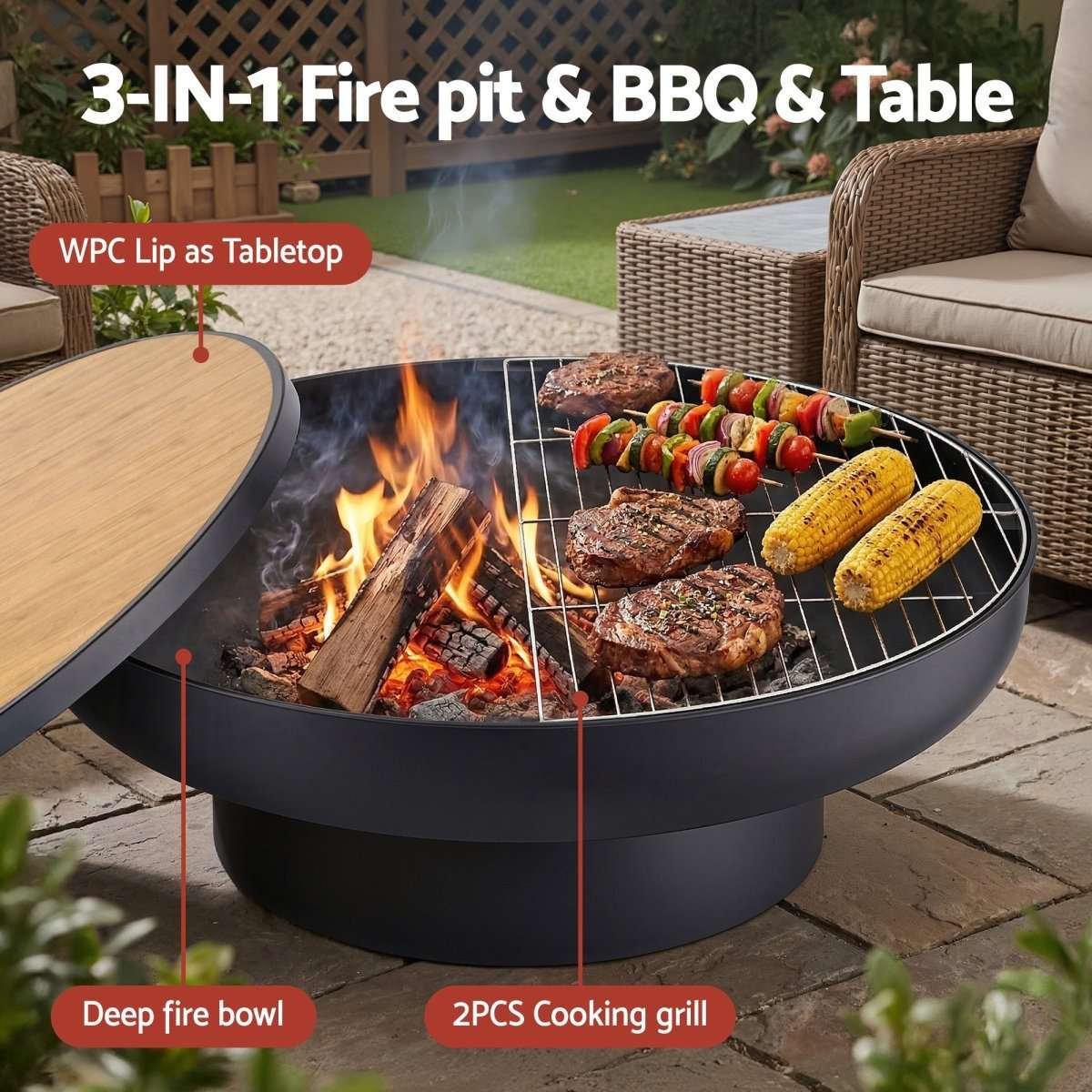 Grillz Fire Pit Table with Lid Deep Fire Bowl Wood Burning BBQ Grill for Backyard Camping Patio Picnic | Fire Pits