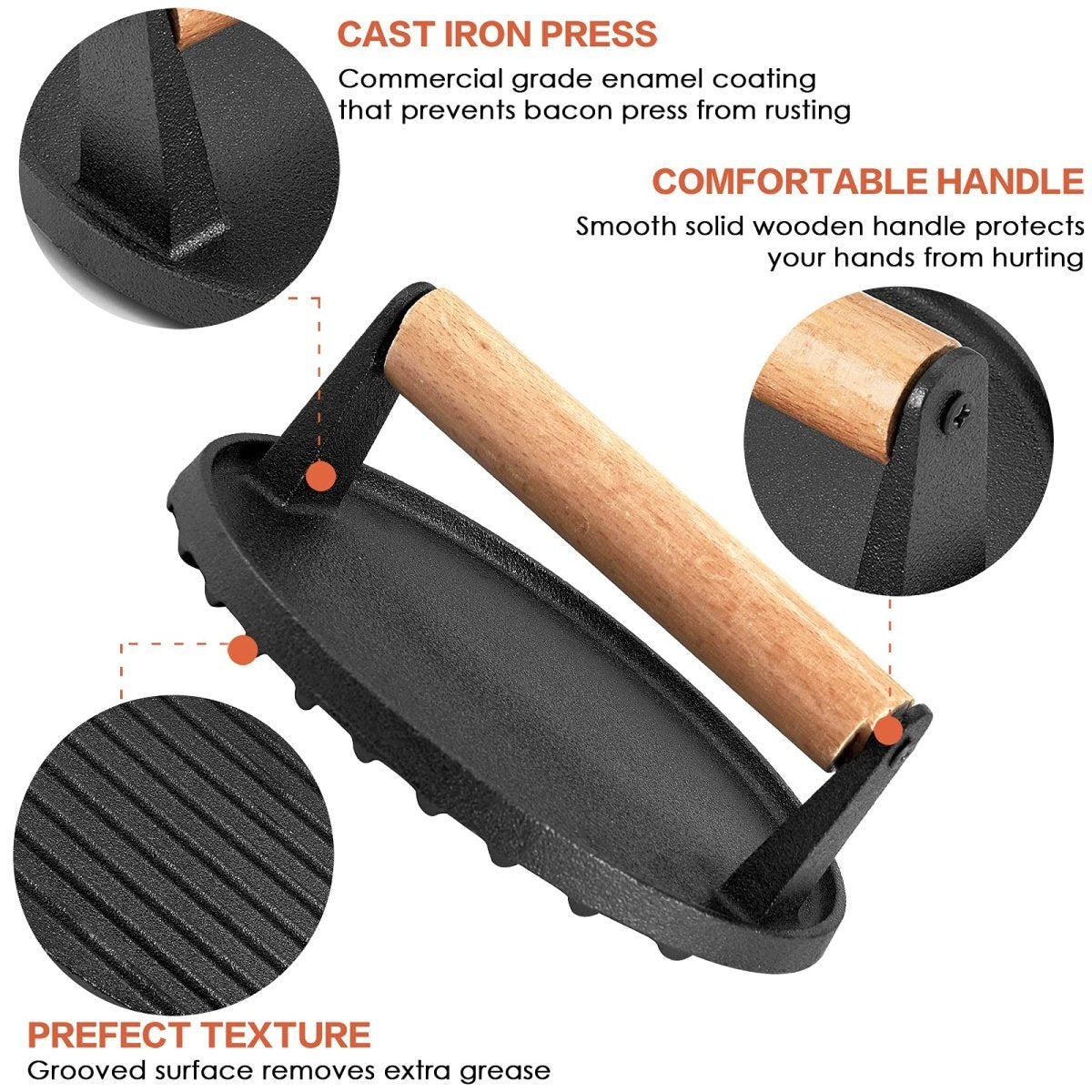 Heavy Duty Round / Rectangle Cast Iron Grill Burger Press Pre-Seasoned Steak Griddle BBQ Grilling - Outdoorium