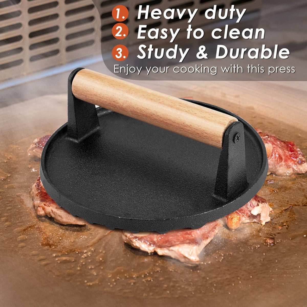 Heavy Duty Round / Rectangle Cast Iron Grill Burger Press Pre-Seasoned Steak Griddle BBQ Grilling - Outdoorium