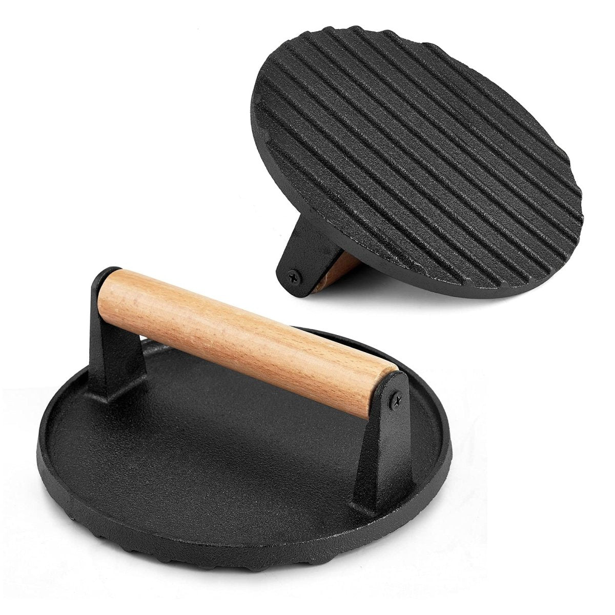 Heavy Duty Round / Rectangle Cast Iron Grill Burger Press Pre-Seasoned Steak Griddle BBQ Grilling - Outdoorium