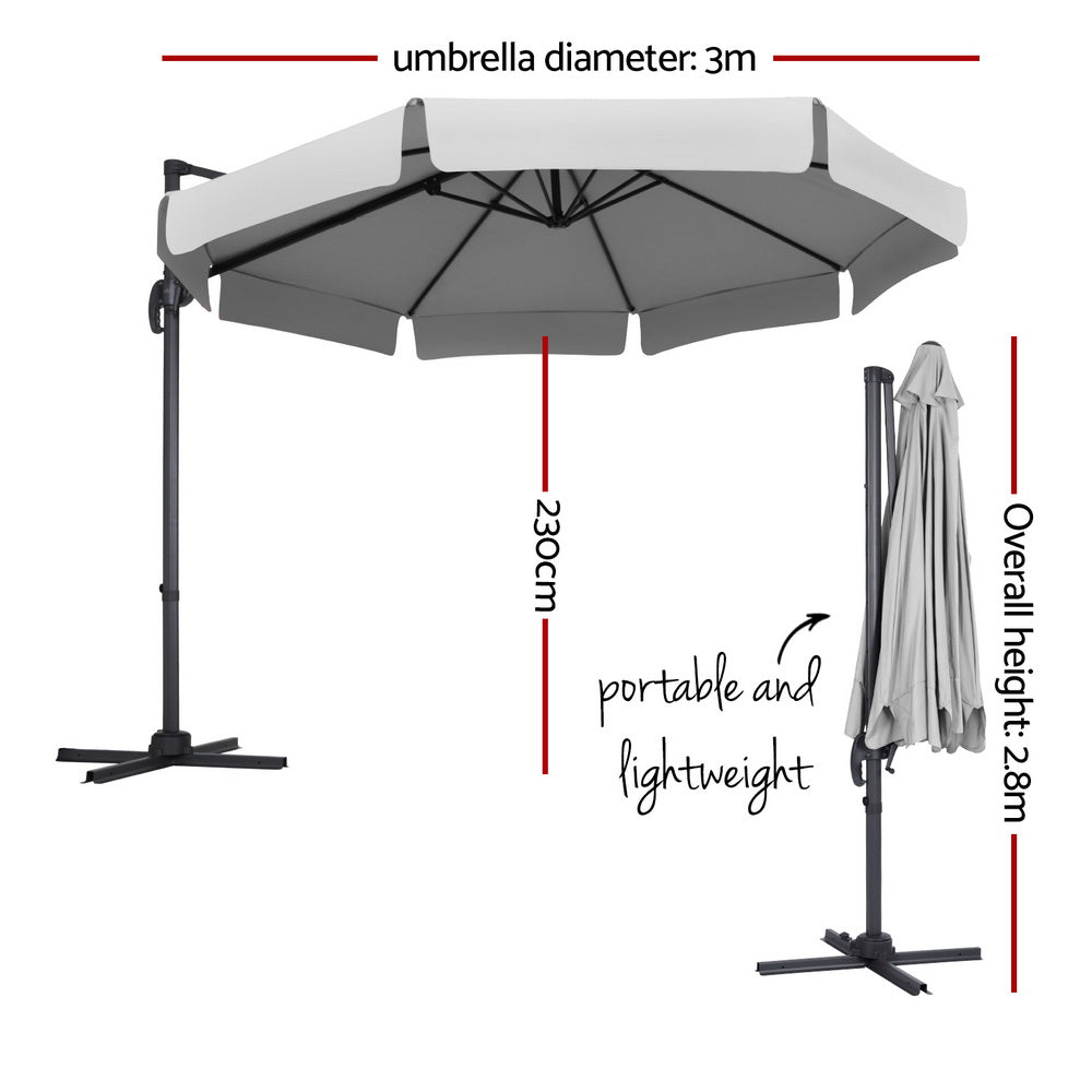 Instahut 3m Outdoor Umbrella Cantilever 360 Degree Tilt Beach Roma Grey - Outdoorium