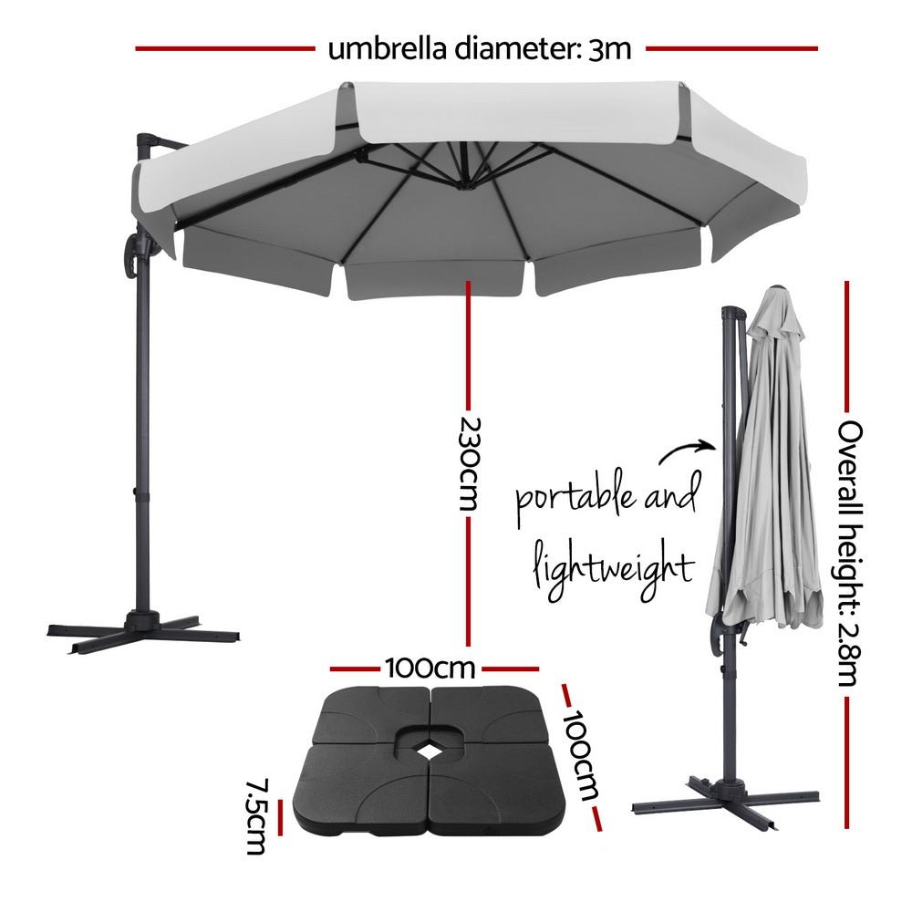 Instahut 3m Outdoor Umbrella w/Base Cantilever Beach Roma 360 Degree Tilt Grey - Outdoorium