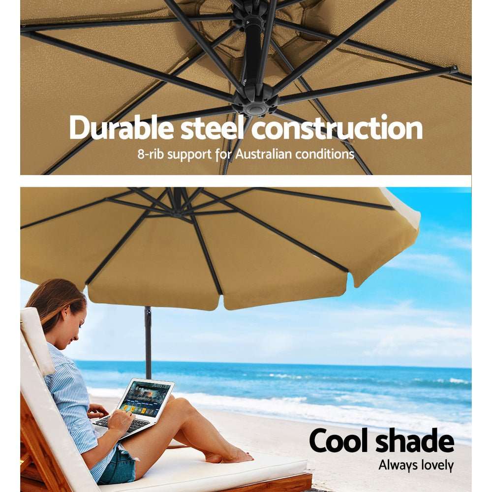 Instahut 3m Outdoor Umbrella w/Base Cantilever Garden Patio Beach Beige | Outdoor Umbrella