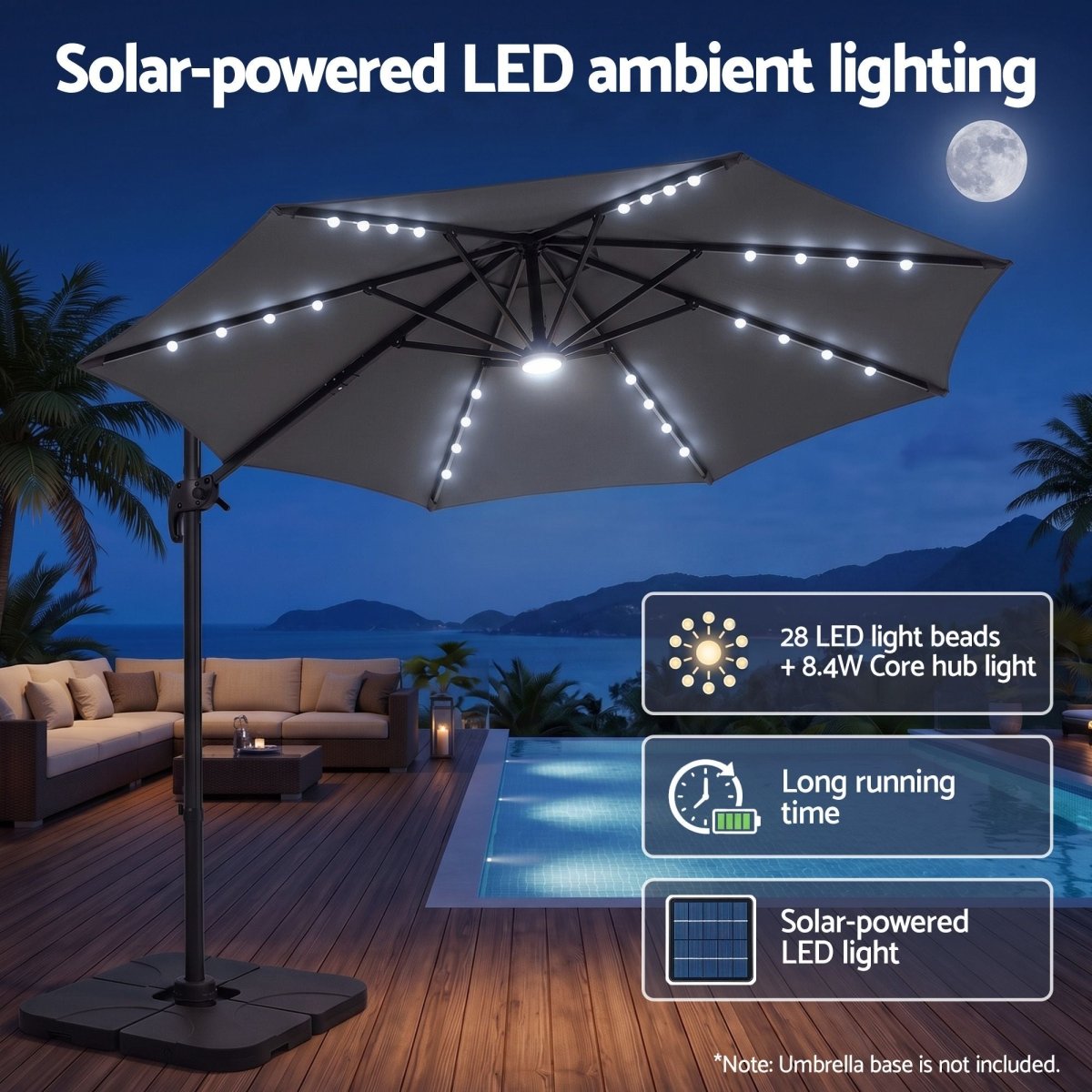 Instahut 3m Solar LED Cantilever Outdoor Umbrella - Charcoal