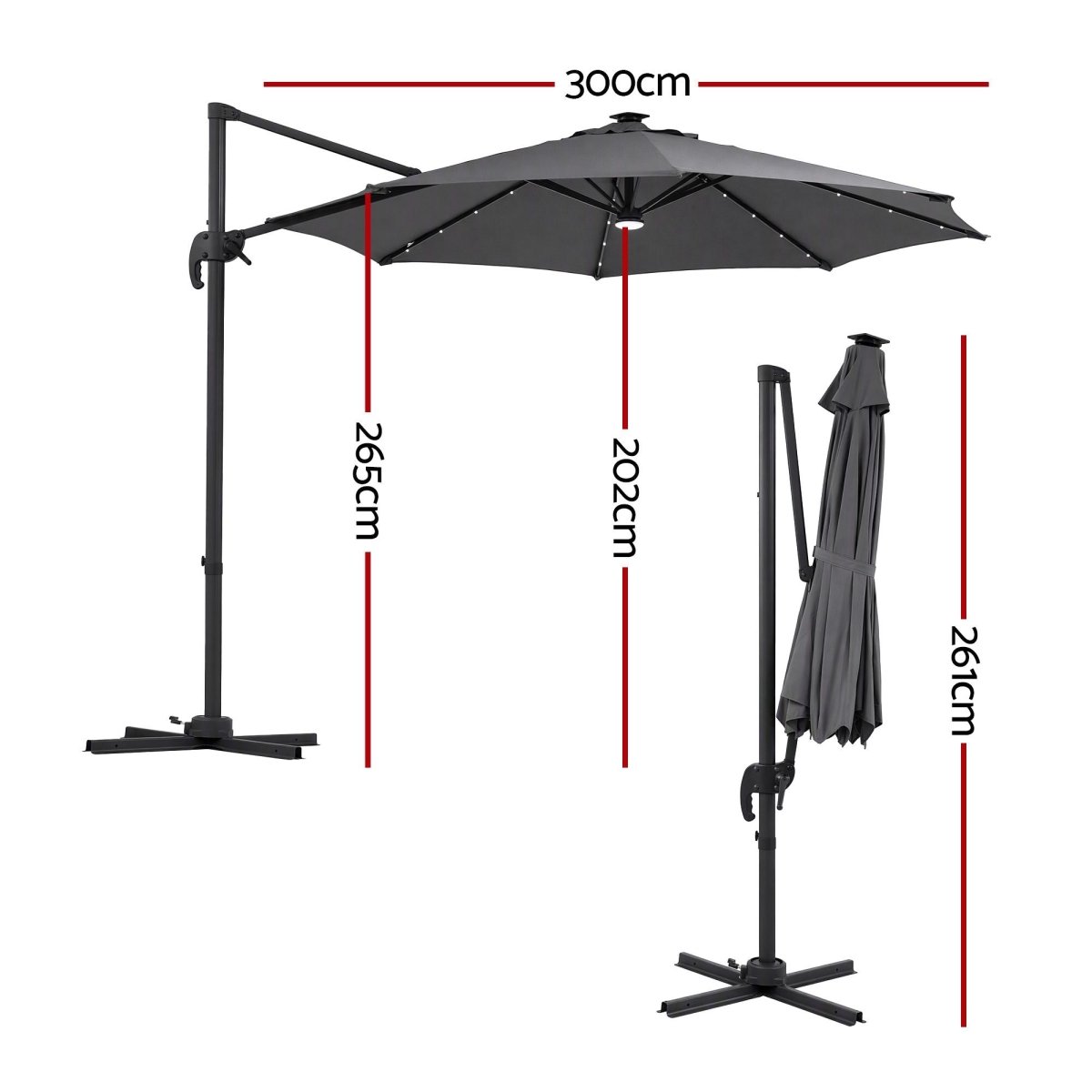 Instahut 3m Solar LED Cantilever Outdoor Umbrella - Charcoal
