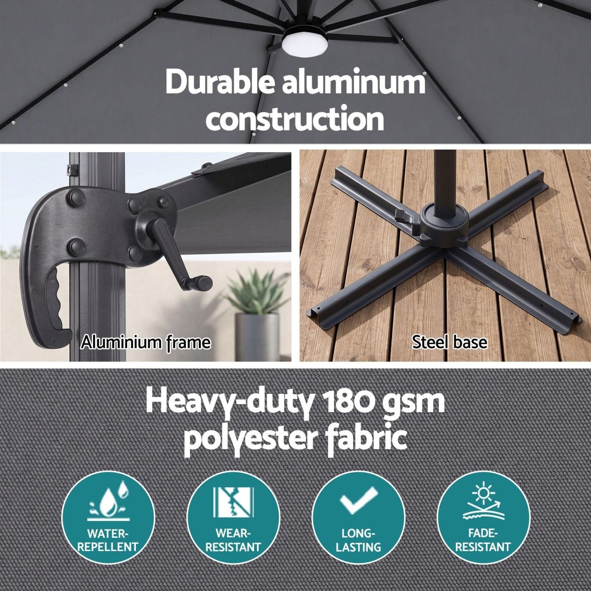 Instahut 3m Solar LED Cantilever Outdoor Umbrella - Charcoal
