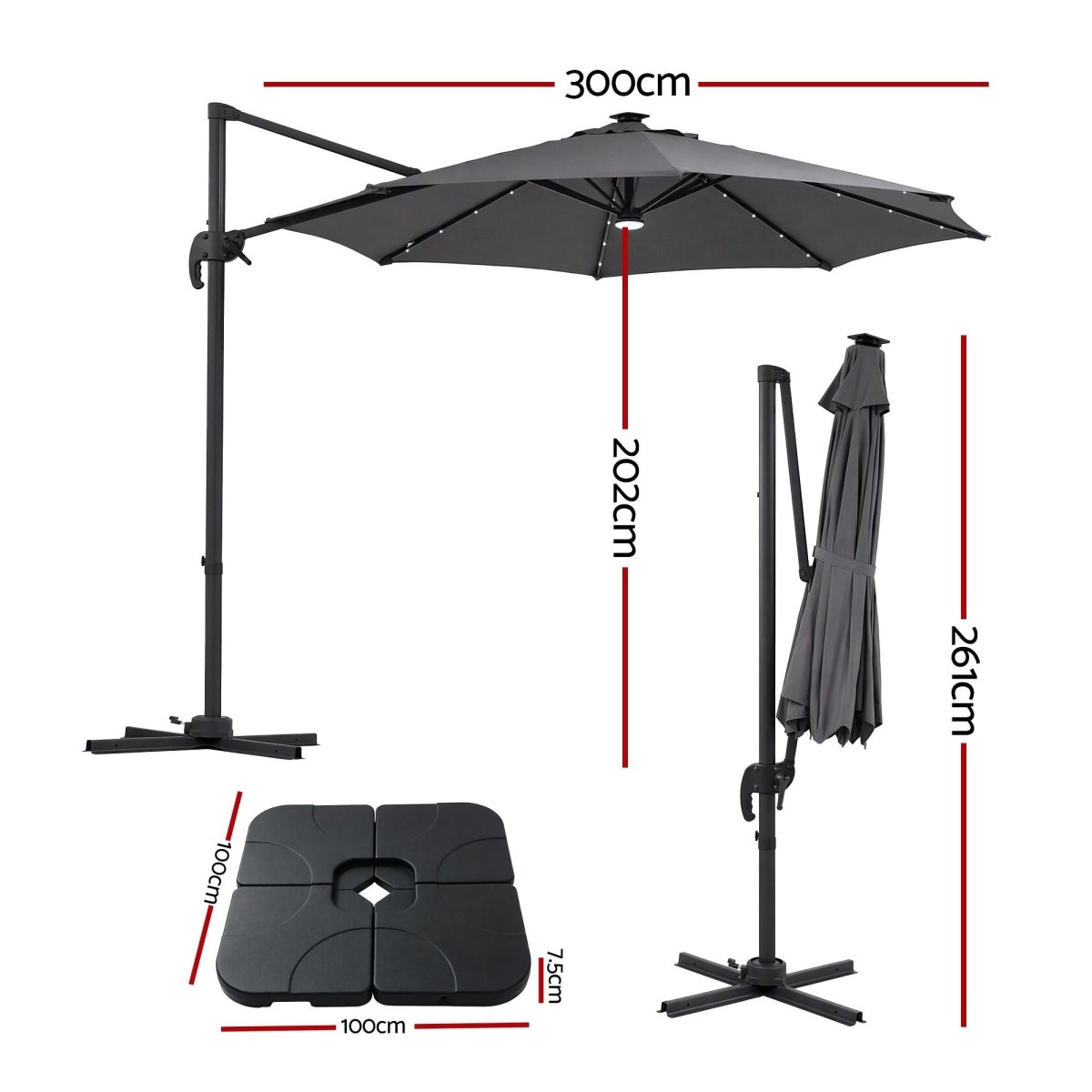 Instahut 3m charcoal solar LED cantilever umbrella and base - additional product image 3