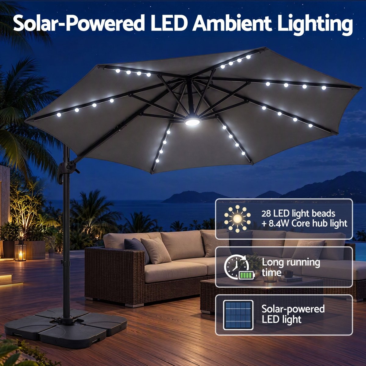 Instahut 3m Solar LED Cantilever Umbrella with Base - Charcoal – product gallery image 5