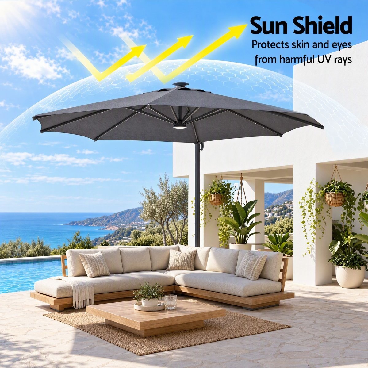 Instahut 3m Solar LED Cantilever Umbrella with Base - Charcoal – product gallery image 6