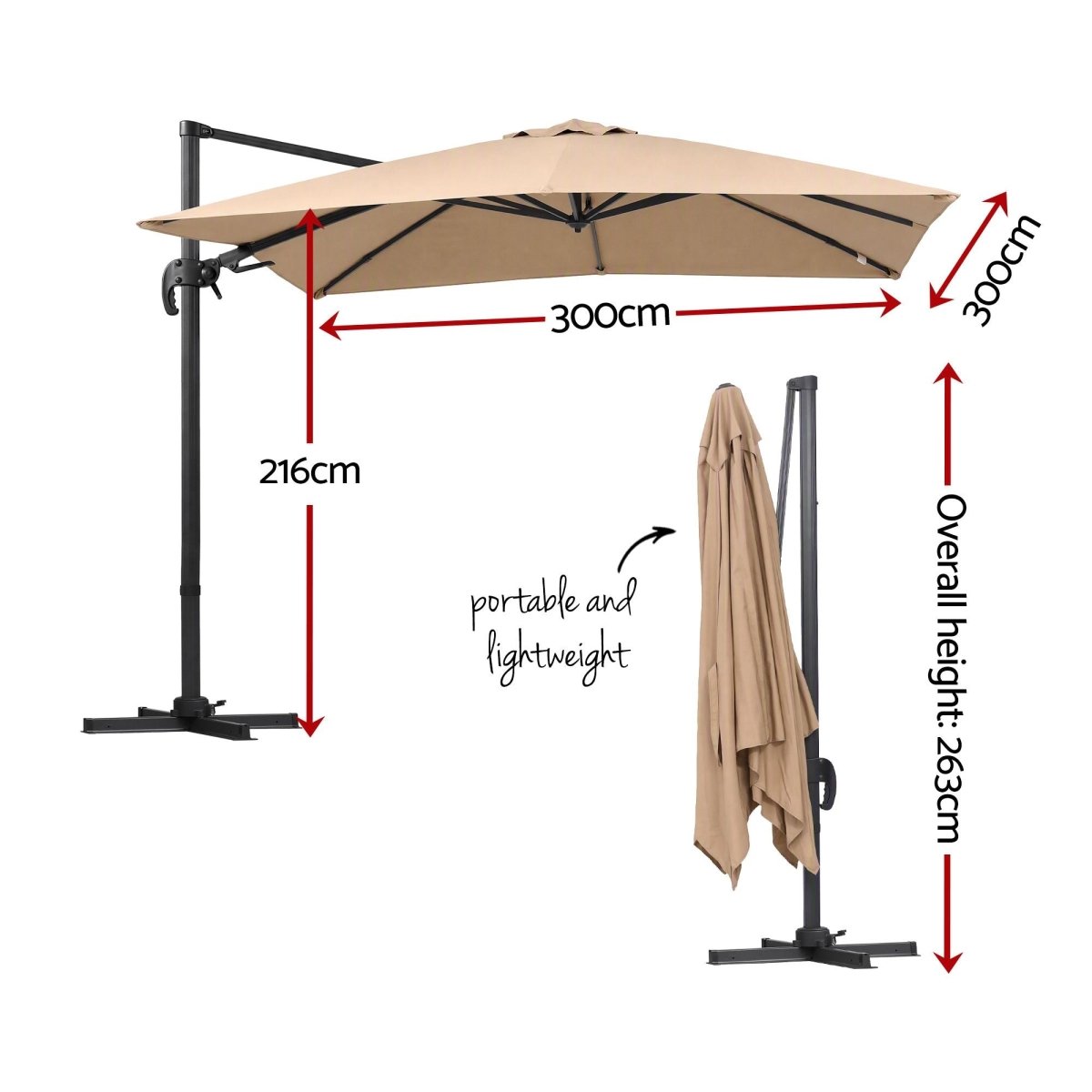 Instahut 3m Tilting Cantilever Outdoor Umbrella - Beige