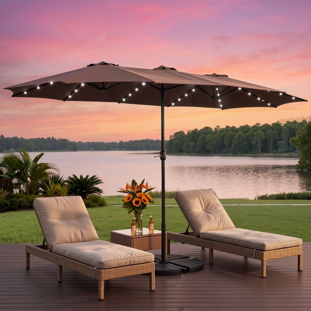 Instahut 4.57m Double-Sided Solar LED Outdoor Umbrella - Brown