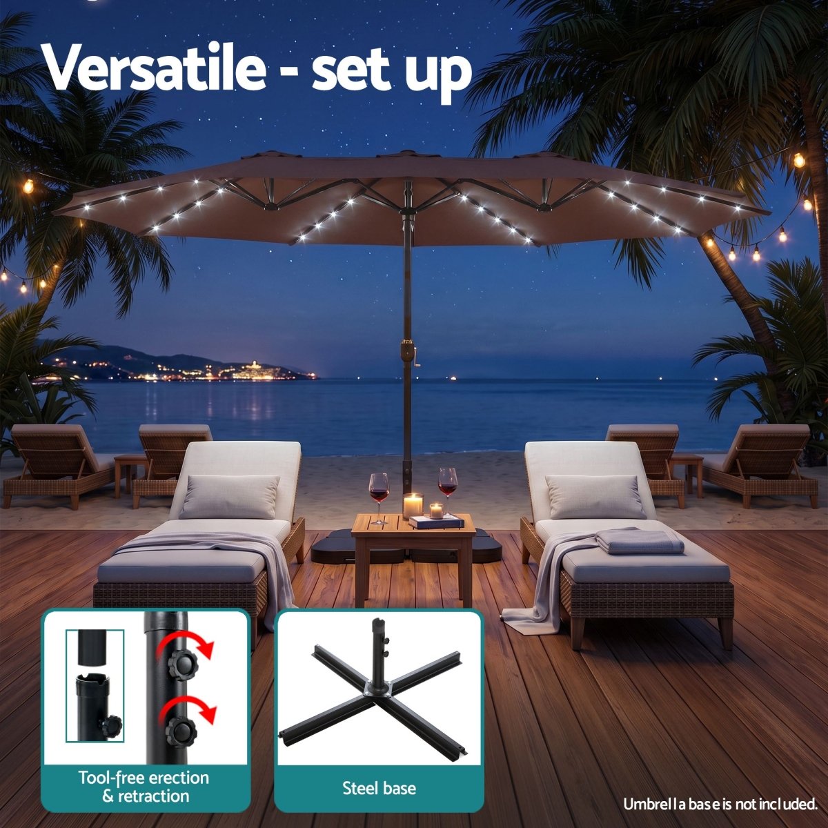 Instahut 4.57m Double-Sided Solar LED Outdoor Umbrella - Brown