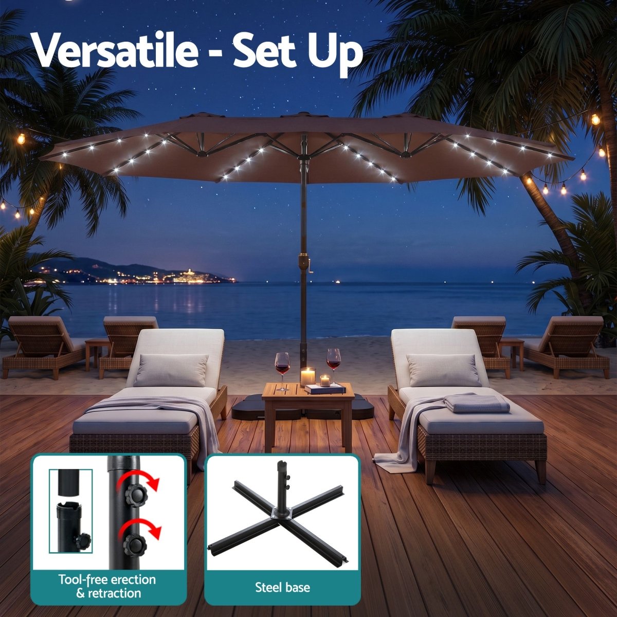 Instahut 4.57m Double-Sided Solar LED Umbrella with Base - Brown – product gallery image 7