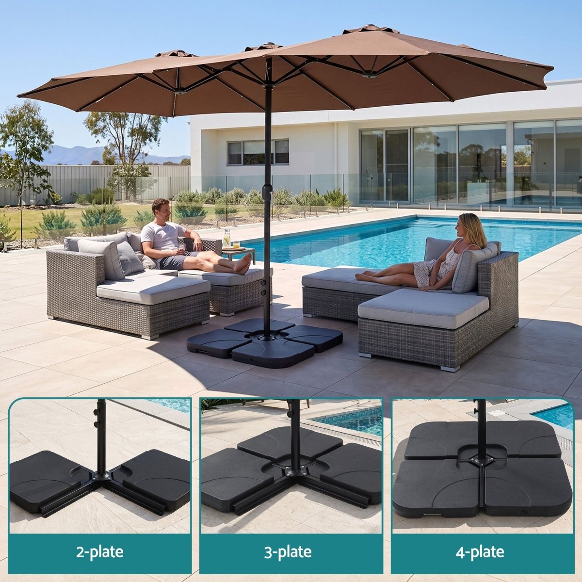 Instahut 4.57m Double-Sided Solar LED Umbrella with Base - Brown – product gallery image 11