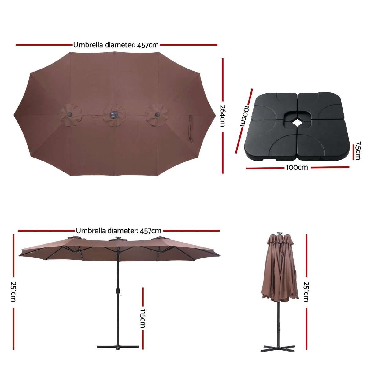 Instahut brown 4.57m double-sided solar LED umbrella - additional product image 3