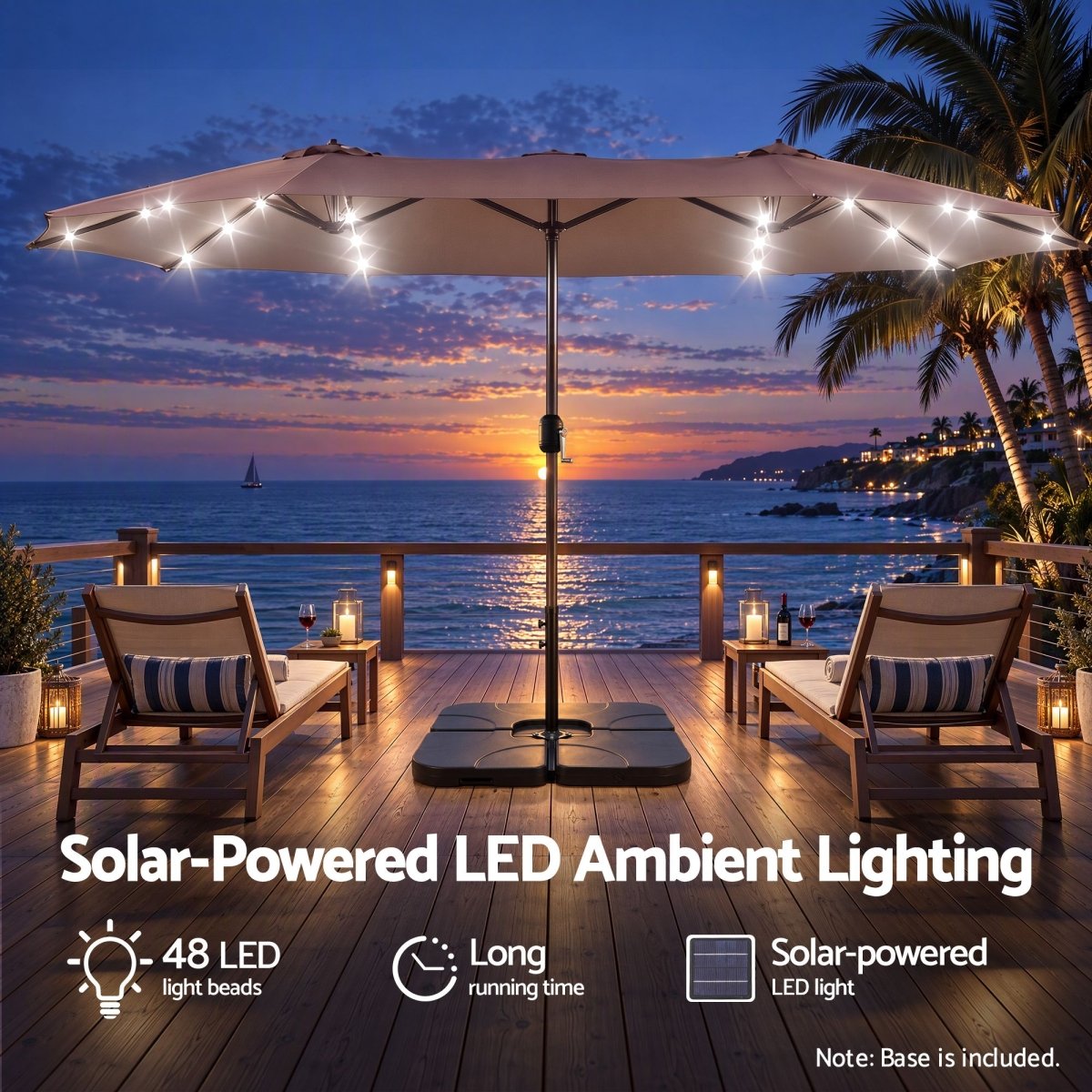 Instahut 4.57m Double-Sided Solar LED Umbrella with Base - Brown – product gallery image 5