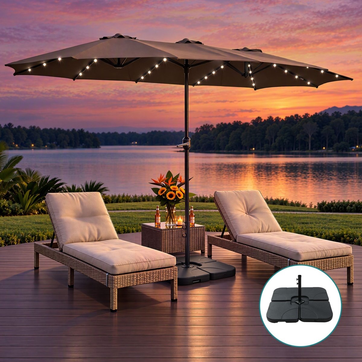 Instahut 4.57m brown double-sided solar LED patio umbrella and base