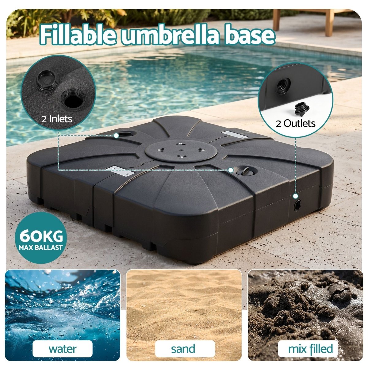 Instahut 60kg Fillable Cantilever Umbrella Base with Wheels 84cm