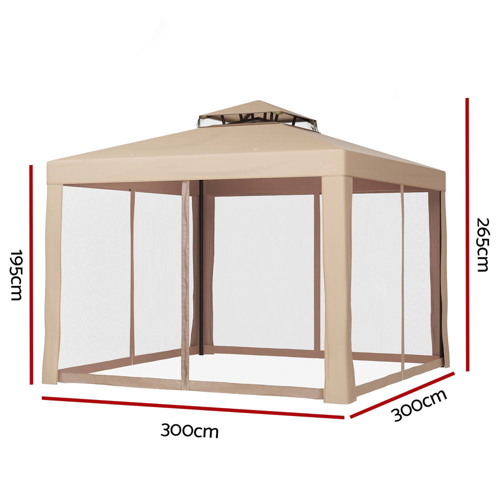 Instahut Gazebo Marquee 3m Outdoor Event Tent Camping Party Mesh Wall Canopy Brown - Outdoorium