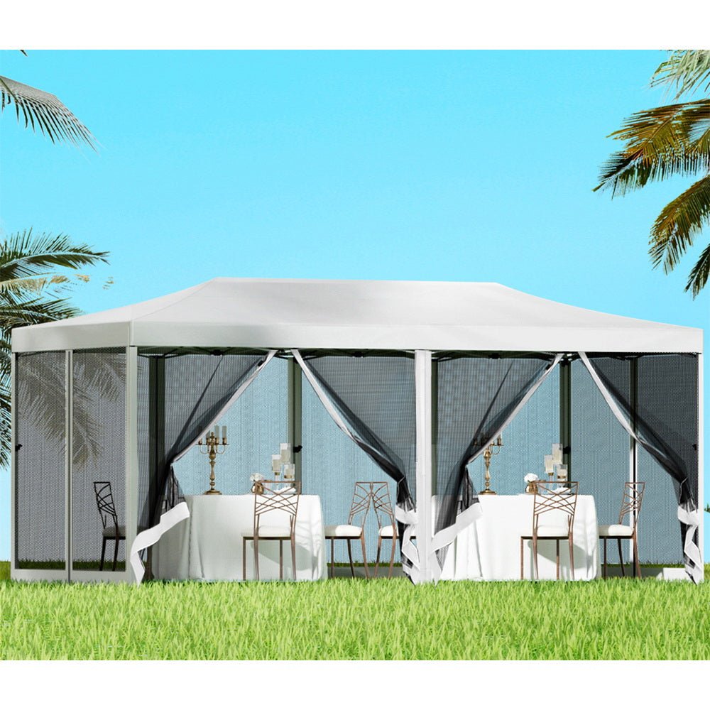 Instahut Gazebo Pop Up Marquee 3x6m Wedding Party Outdoor Camping Tent Canopy Shade Mesh Wall White - Outdoorium