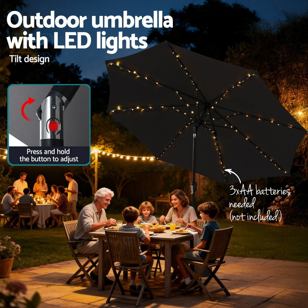 Instahut Outdoor Umbrella 2.9m Market Umbrella with Base String Light Black | Outdoorium