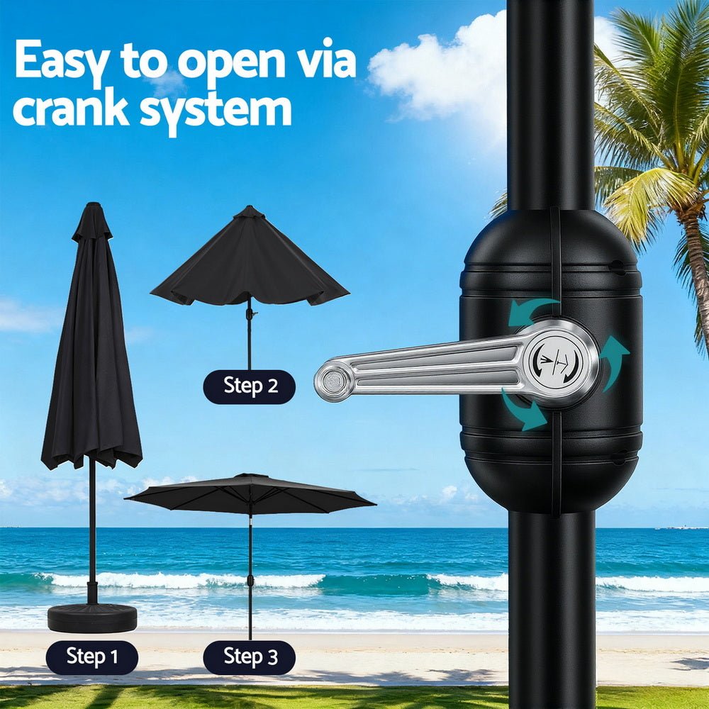 Instahut Outdoor Umbrella 2.9m Market Umbrella with Base String Light Black | Outdoorium