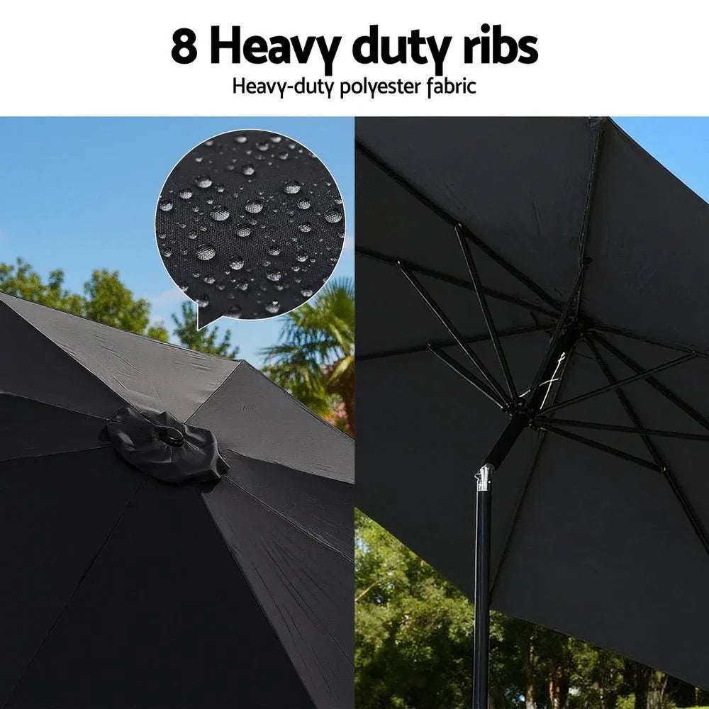 Instahut Outdoor Umbrella 2.9m Market Umbrella with Base String Light Black | Outdoor Umbrella