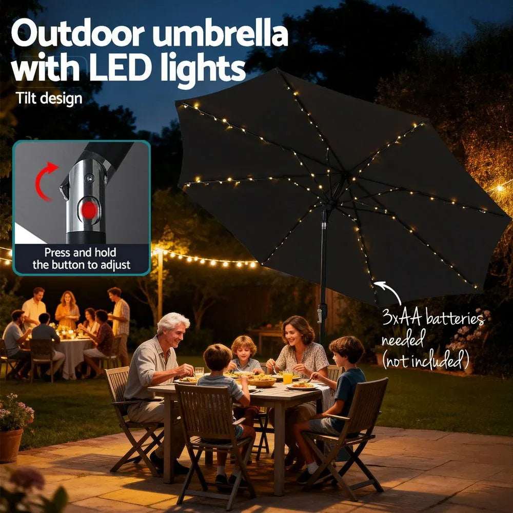 Instahut Outdoor Umbrella 2.9m Market Umbrella with Base String Light Black | Outdoor Umbrella