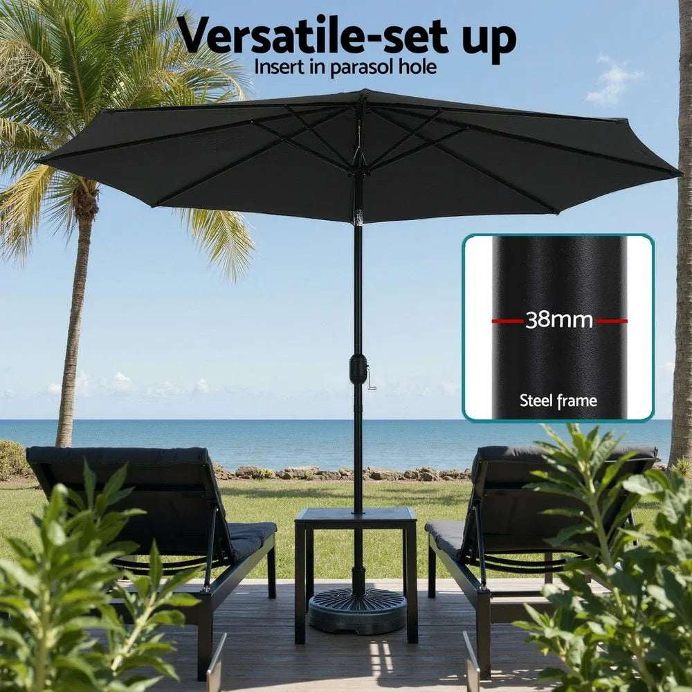 Instahut Outdoor Umbrella 2.9m Market Umbrella with Base String Light Black | Outdoor Umbrella