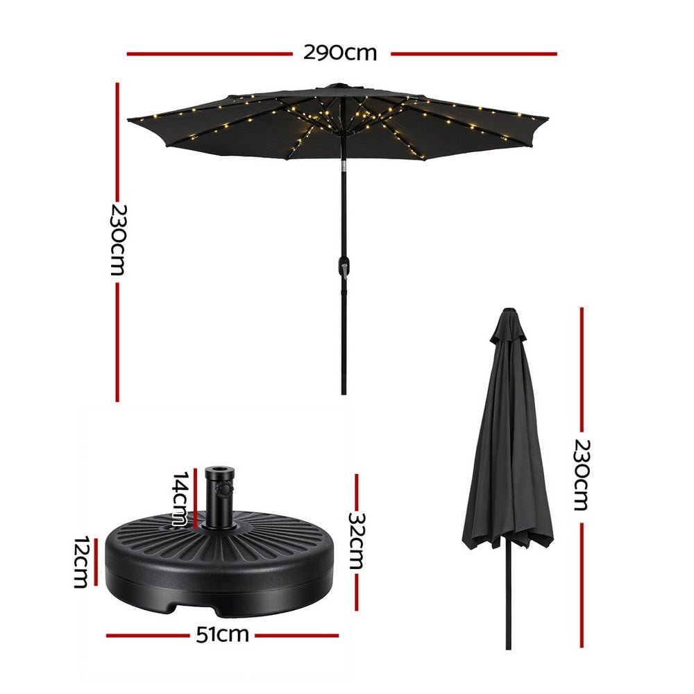 Instahut Outdoor Umbrella 2.9m Market Umbrella with Base String Light Black | Outdoorium