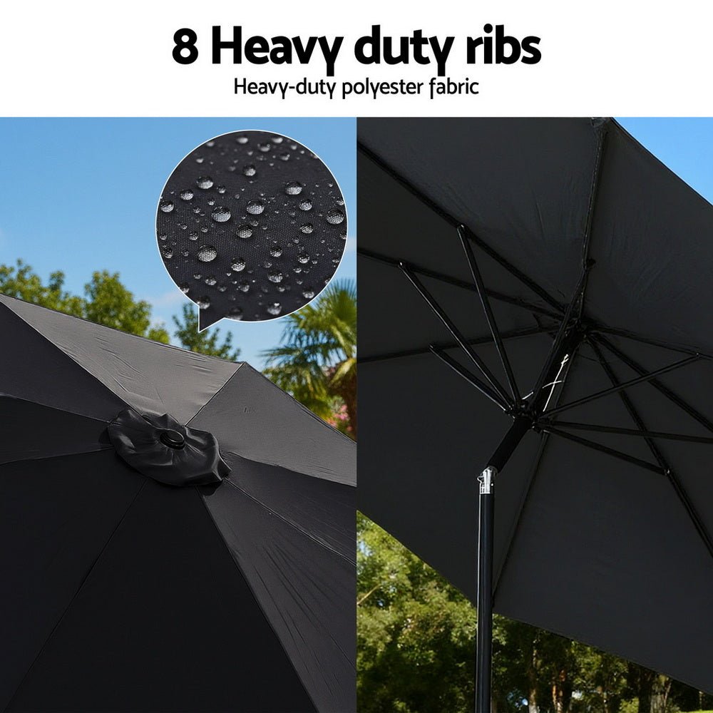 Instahut Outdoor Umbrella 2.9m Market Umbrella with String Light Tilt Black | Outdoorium