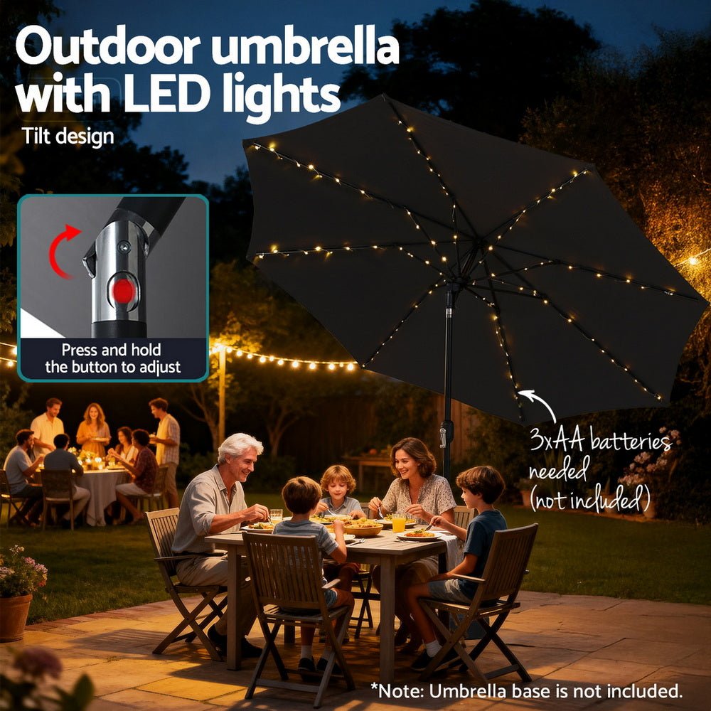 Instahut Outdoor Umbrella 2.9m Market Umbrella with String Light Tilt Black | Outdoorium
