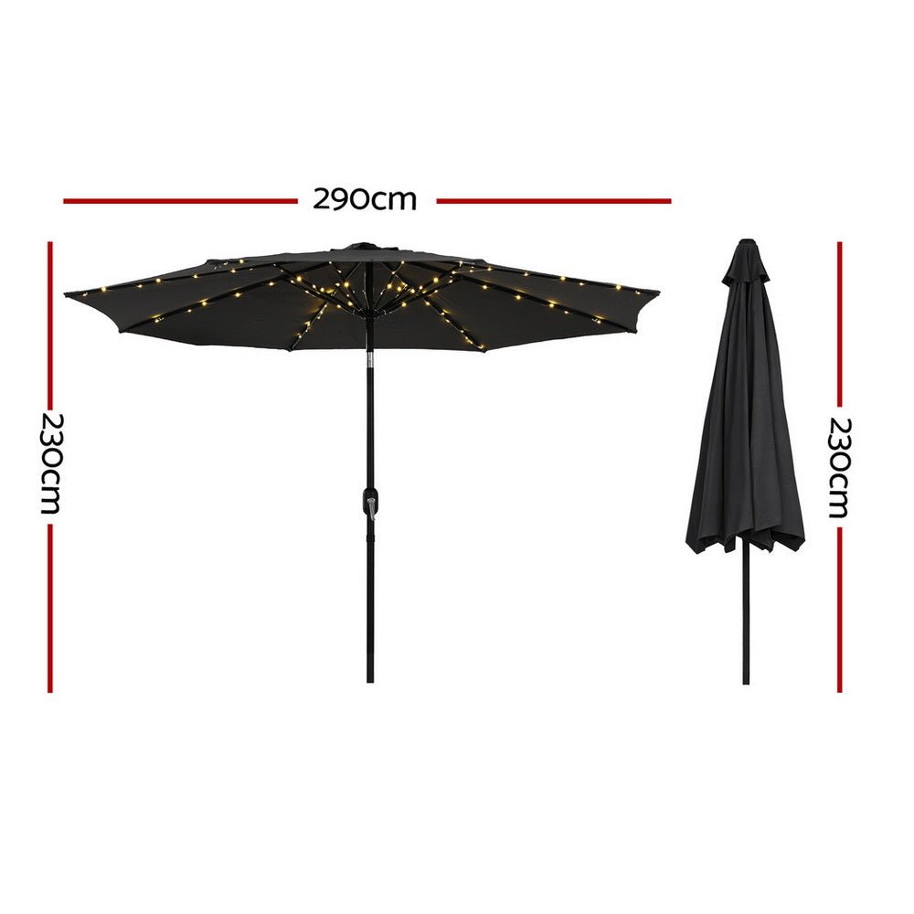 Instahut Outdoor Umbrella 2.9m Market Umbrella with String Light Tilt Black | Outdoorium