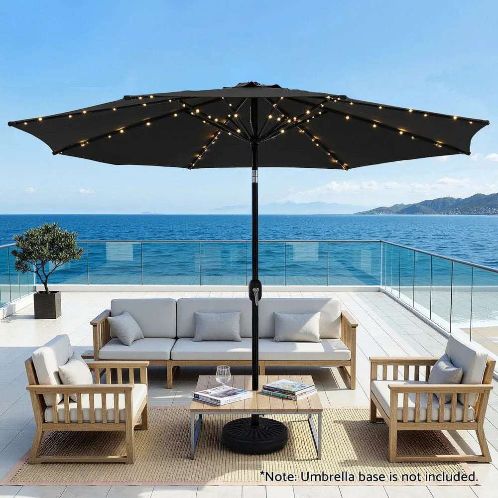 Instahut Outdoor Umbrella 2.9m Market Umbrella with String Light Tilt Black | Outdoor Umbrella
