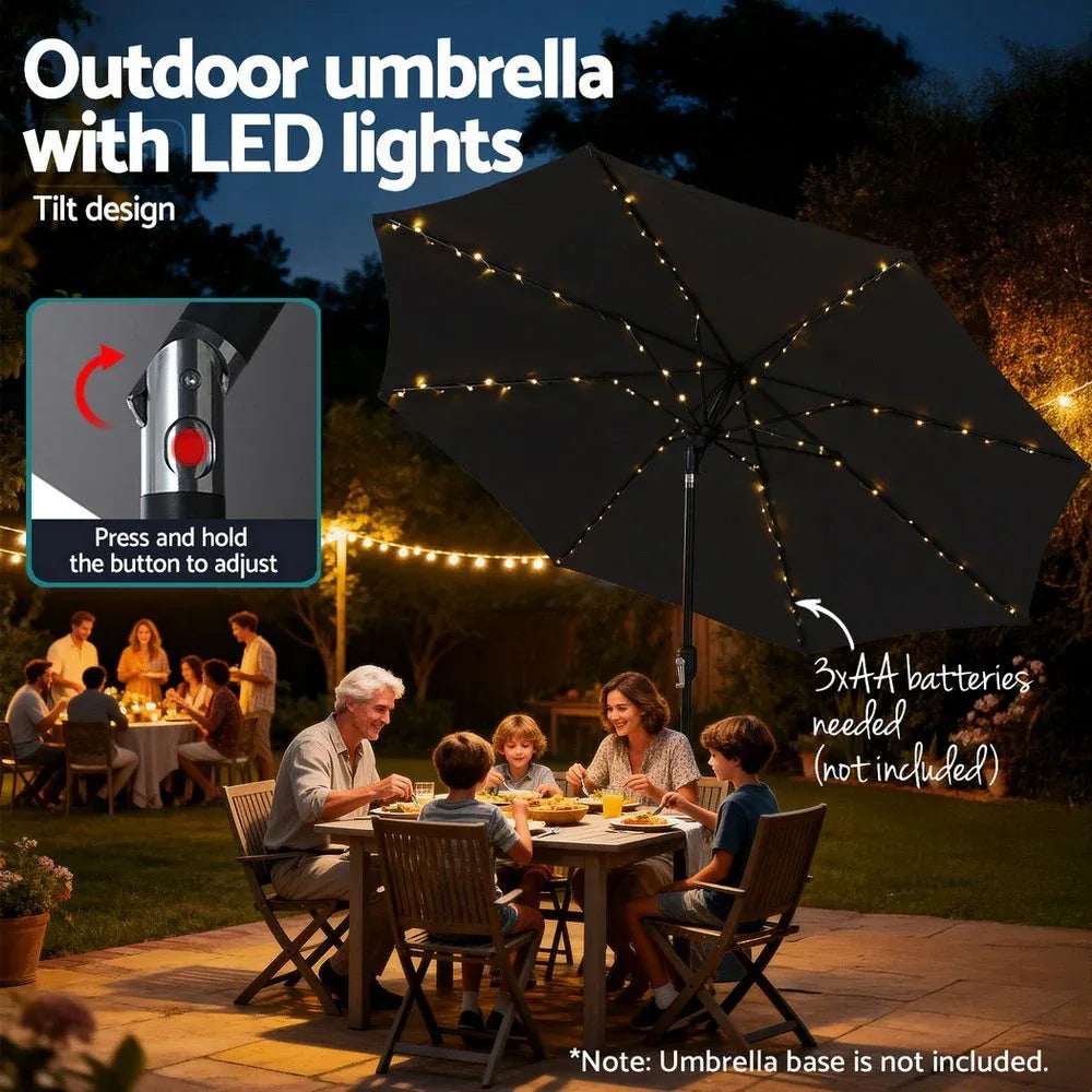 Instahut Outdoor Umbrella 2.9m Market Umbrella with String Light Tilt Black | Outdoor Umbrella