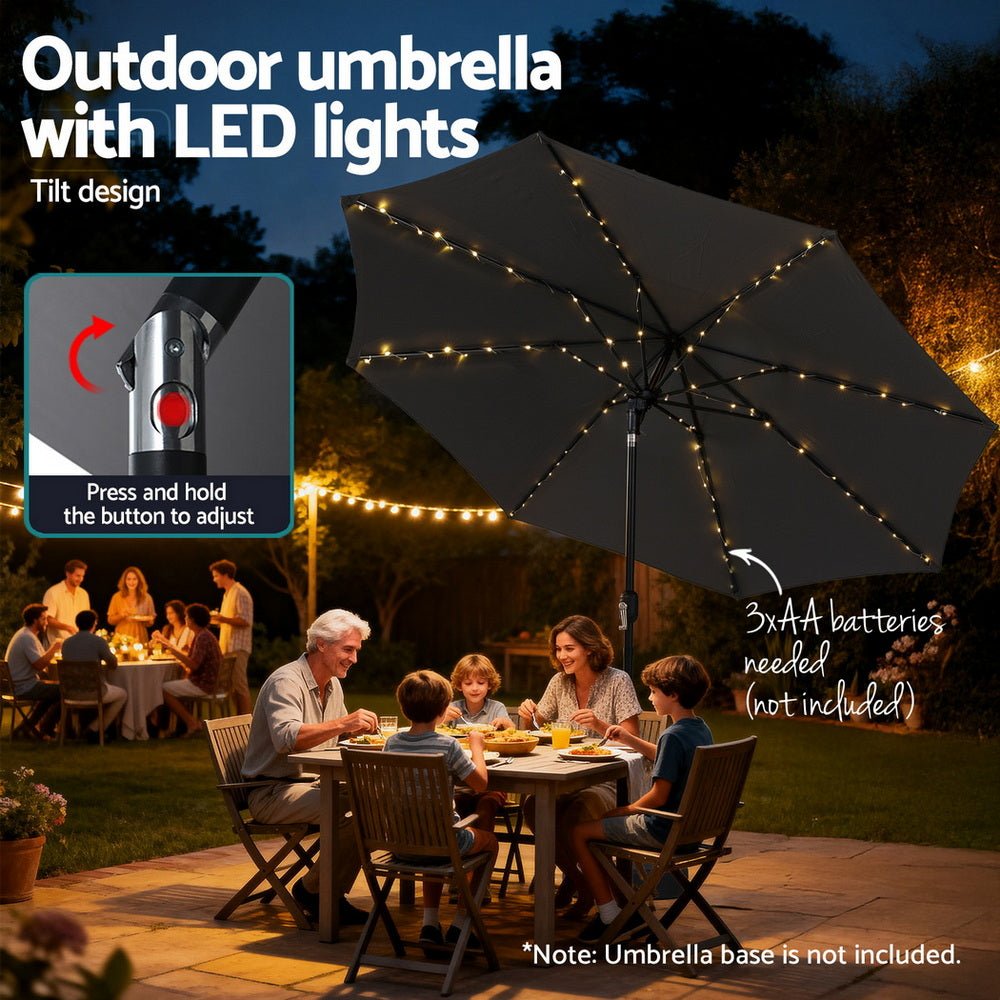 Instahut Outdoor Umbrella 2.9m Market Umbrella with String Light Tilt Charcoal Shade | Outdoorium