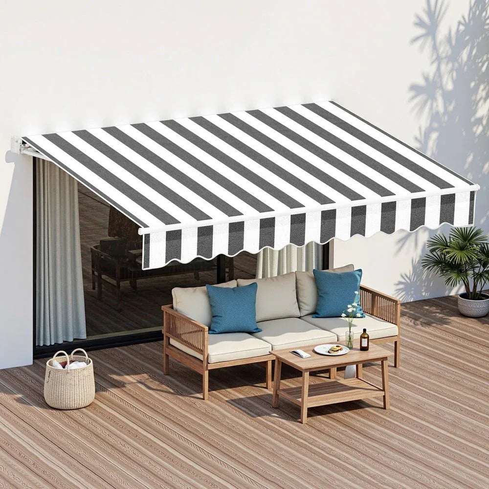 Instahut Retractable Folding Arm Awning Manual Sunshade 2.5Mx2M Grey White | Home & Garden > Shading > Awnings