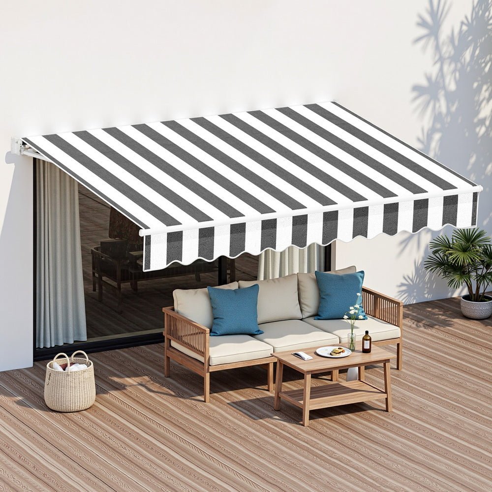 Instahut Retractable Folding Arm Awning Manual Sunshade 2.5Mx2M Grey White | Outdoorium