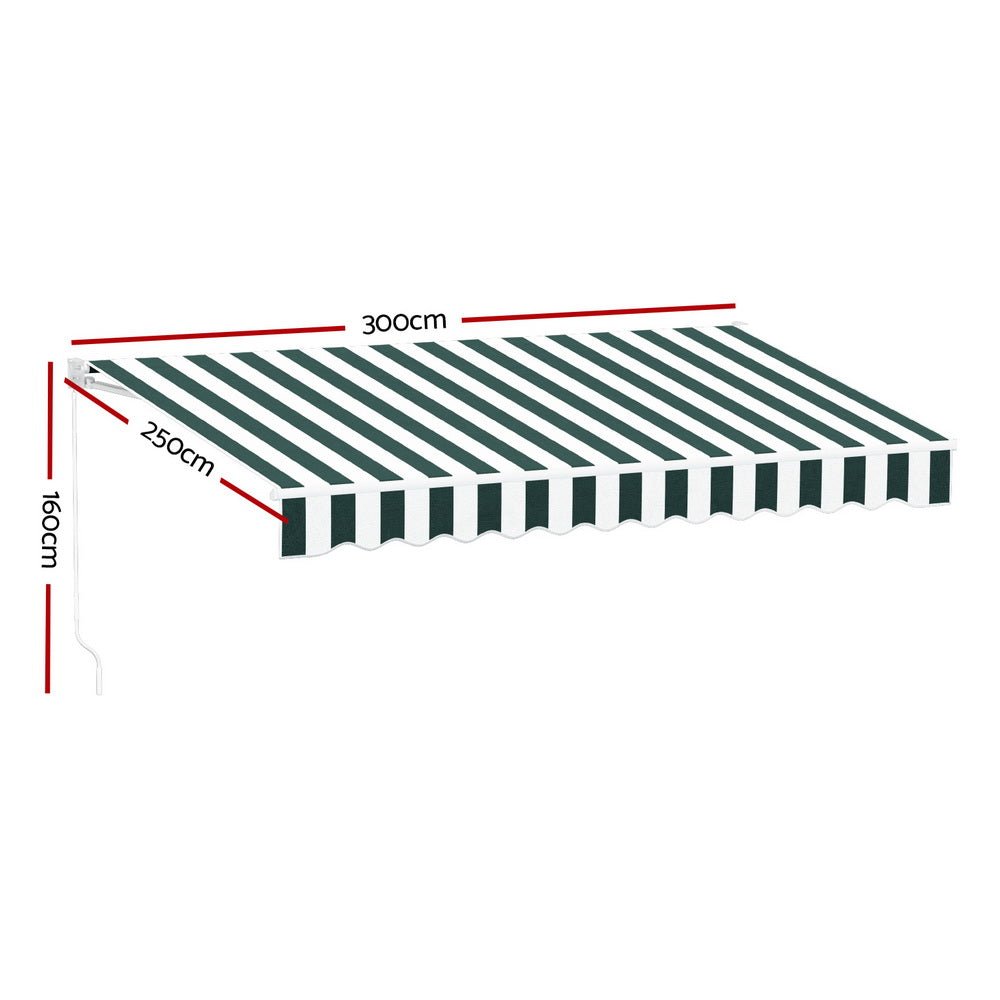 Instahut Retractable Folding Arm Awning Manual Sunshade 3Mx2.5M Green White - Outdoorium