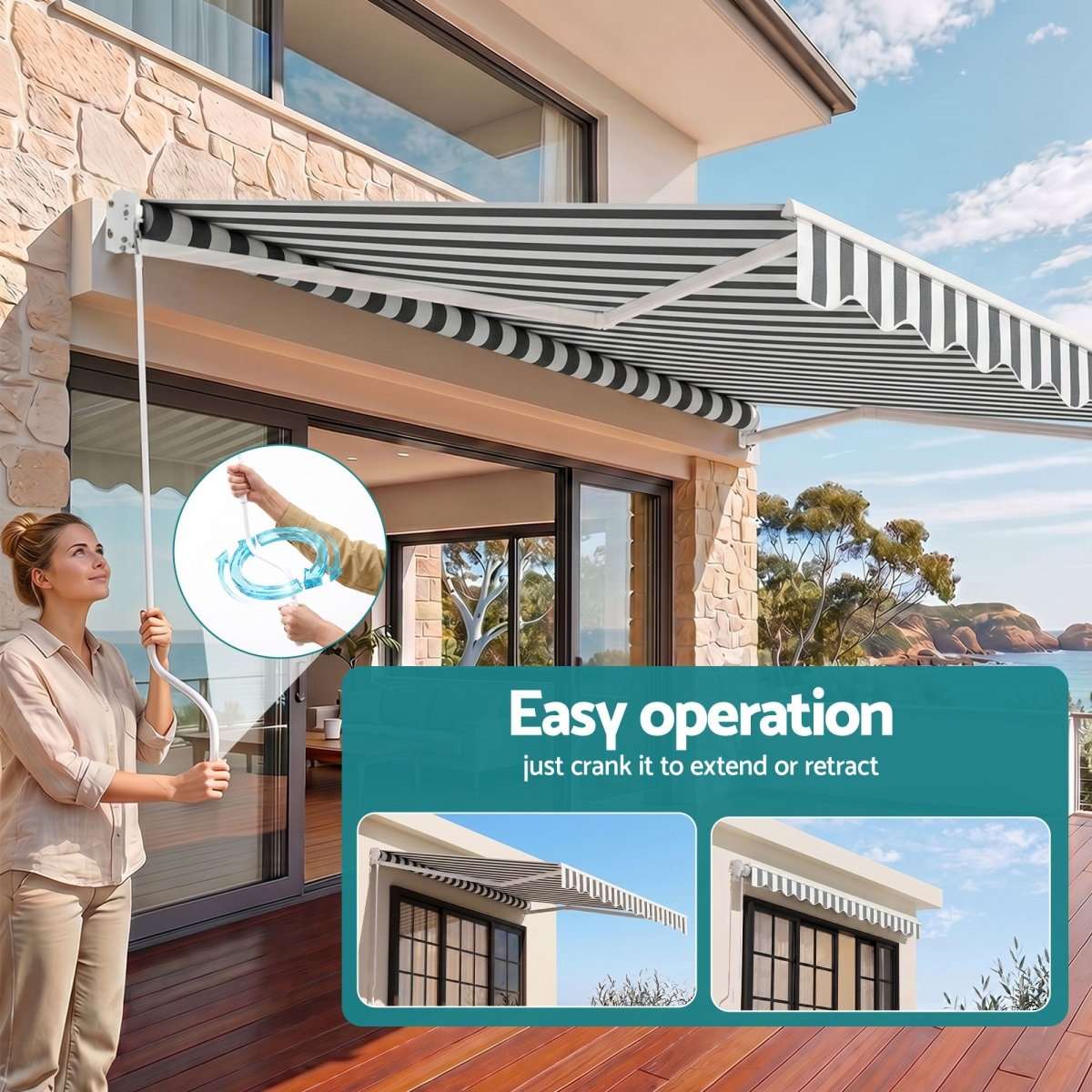 Instahut Retractable Folding Arm Awning Manual Sunshade 4.5Mx3M Grey White | Home & Garden > Shading > Awnings