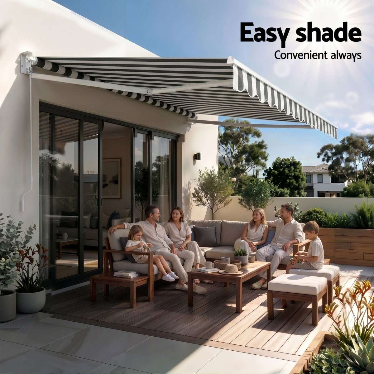 Instahut Retractable Folding Arm Awning Manual Sunshade 4.5Mx3M Grey White | Home & Garden > Shading > Awnings
